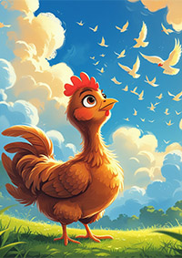 Clucky the chicken looking up at birds flying – "funny moral story for kids - The Chicken Who Wanted to Fly